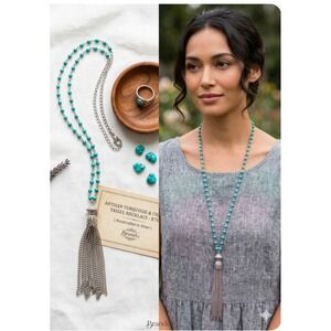 Artisan Turquoise and Chain Tassel Necklace Handcrafted Silver Tone Boho Long